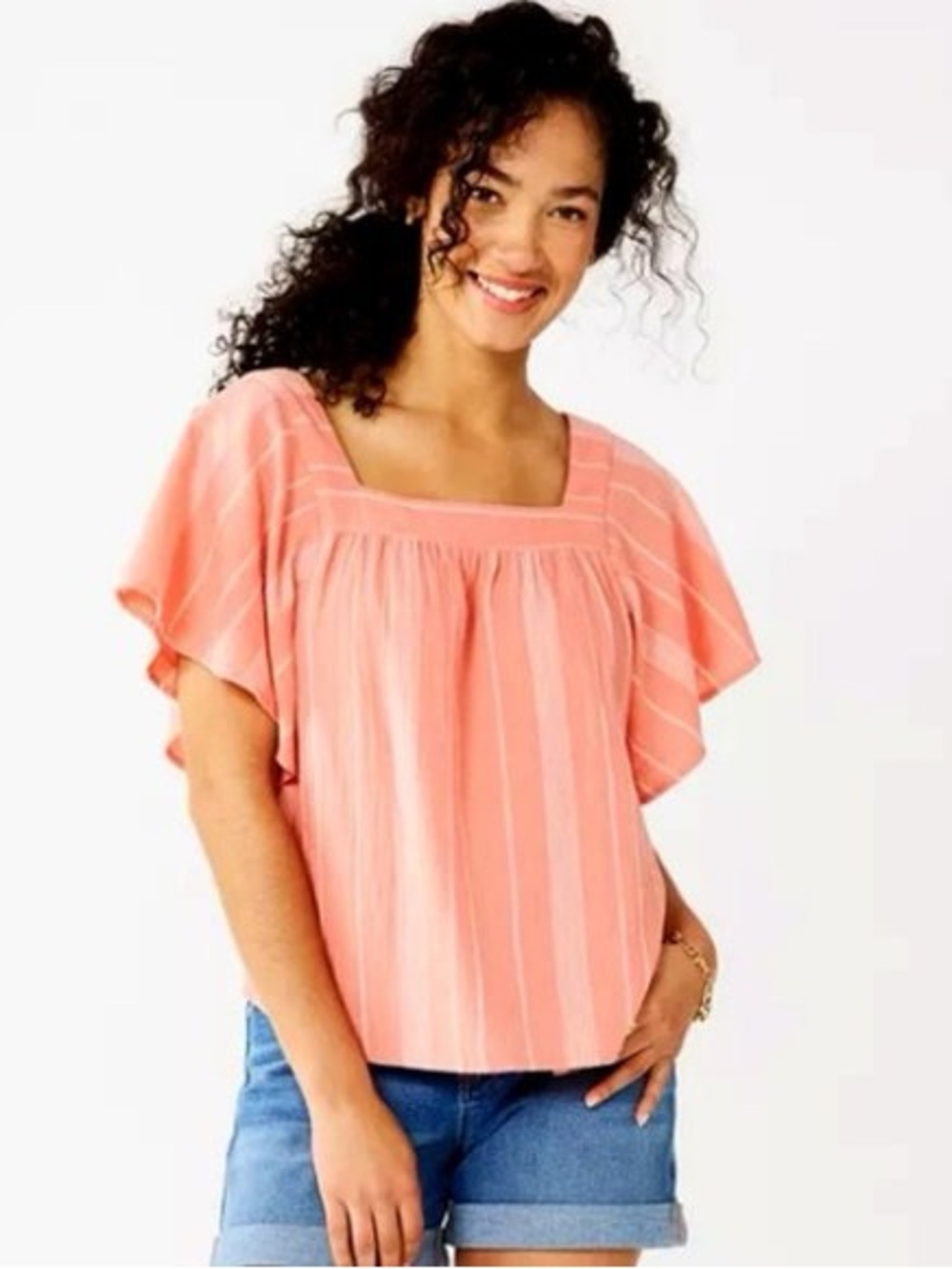 NWT Sonoma Coral and Cream Striped Square-Neck Flutter Top Size Large